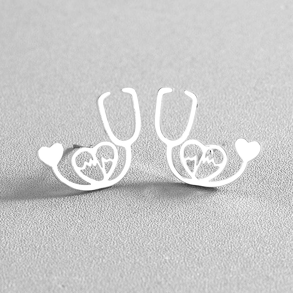 Stethoscope Heartbeat Stud Earrings Silver